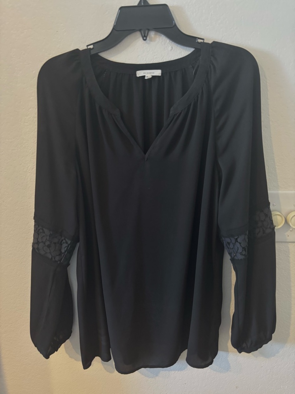 Pleione Black Long-Sleeve Blouse with Lace Insets